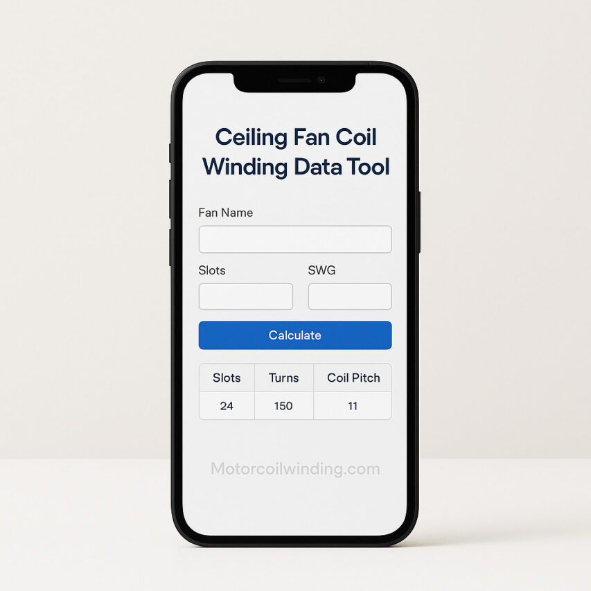 Ceiling fan coil winding data digital tool fan winding search tool running on mobile screen