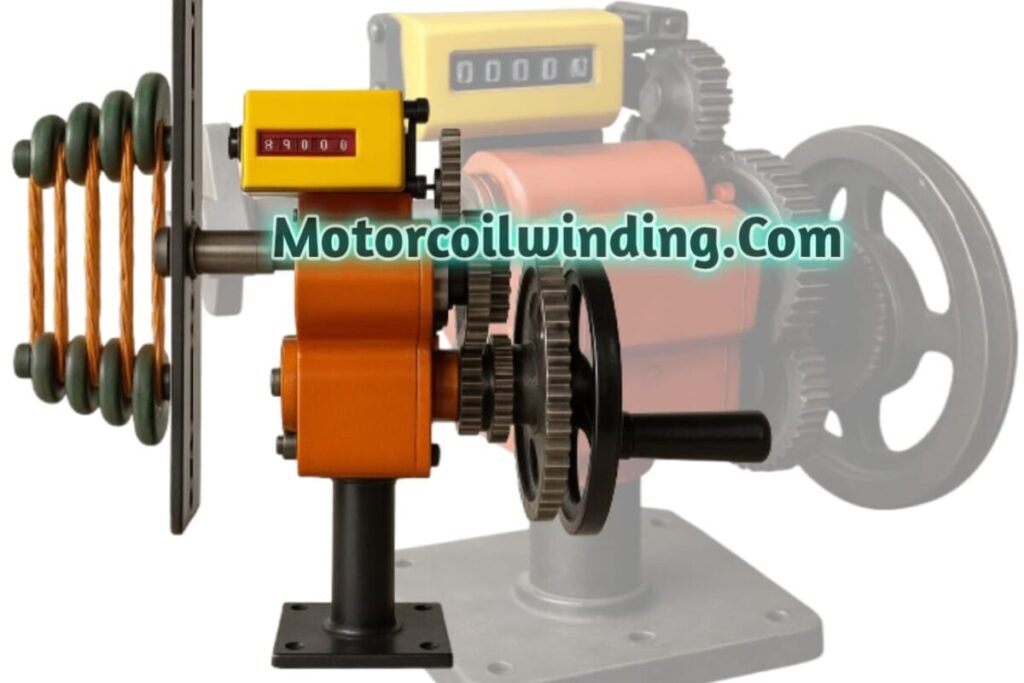 Close-up of hand-cranked manual coil winder with 4-digit turn counter